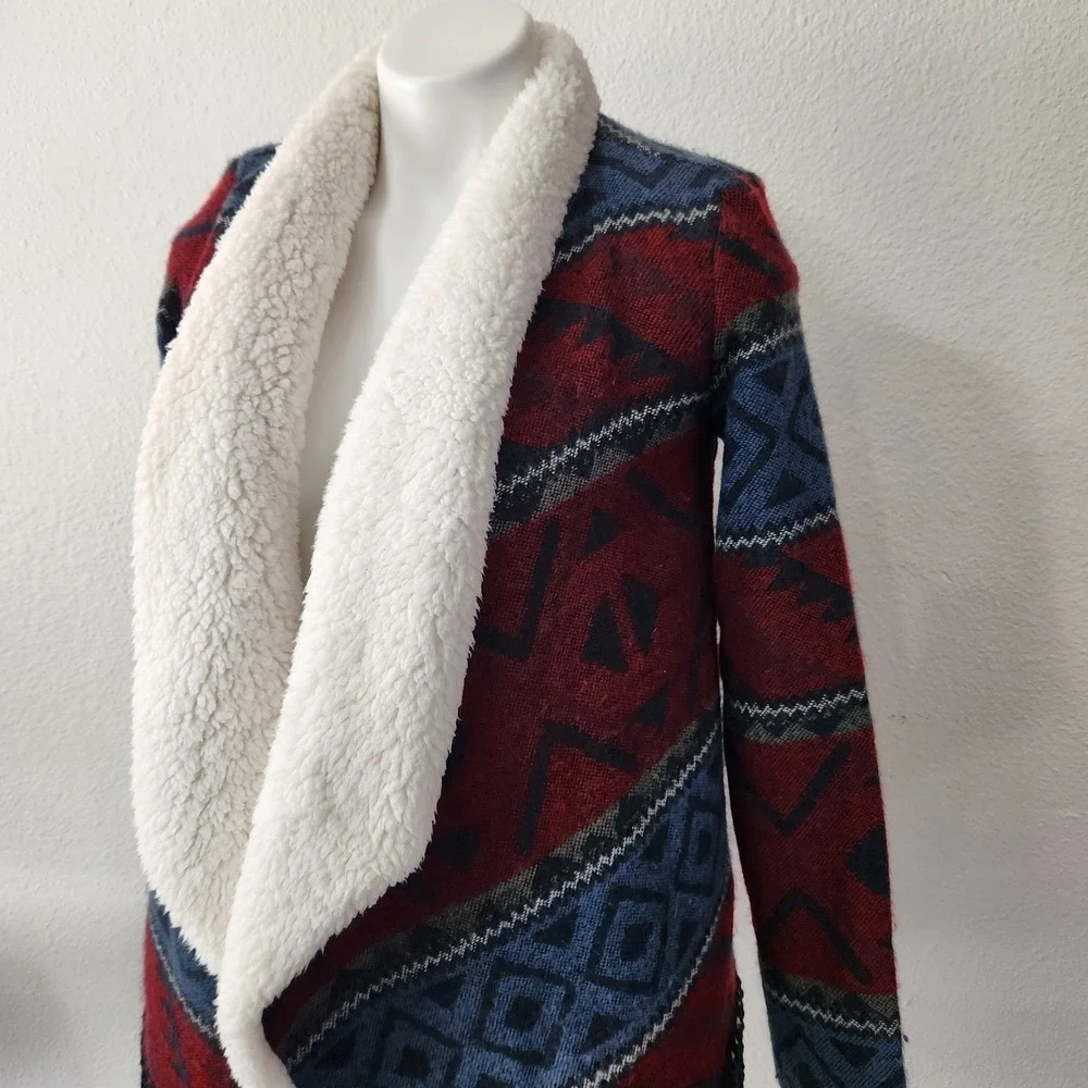 Hollister Aztec‎ Sherpa Fleece Open Front Cardigan Jacket blue/red Size Small